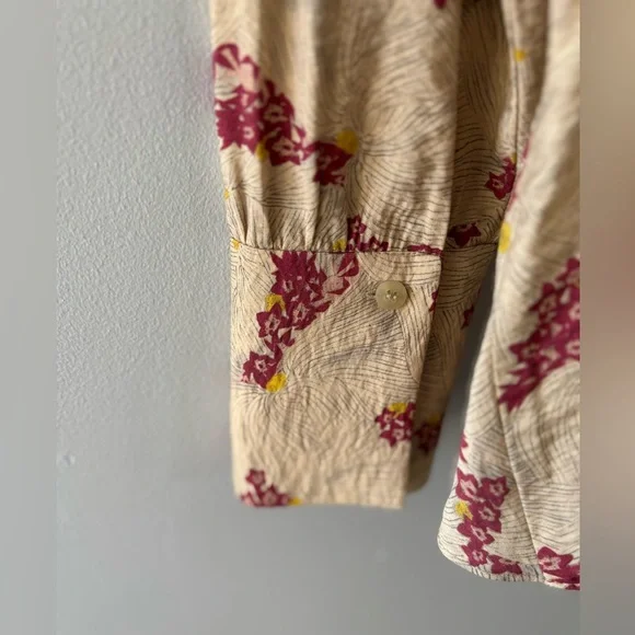 Zara Floral Tie Front Mock Neck Blouse Size M Ecru/Pink Long Sleeve Casual - Picture 10 of 13